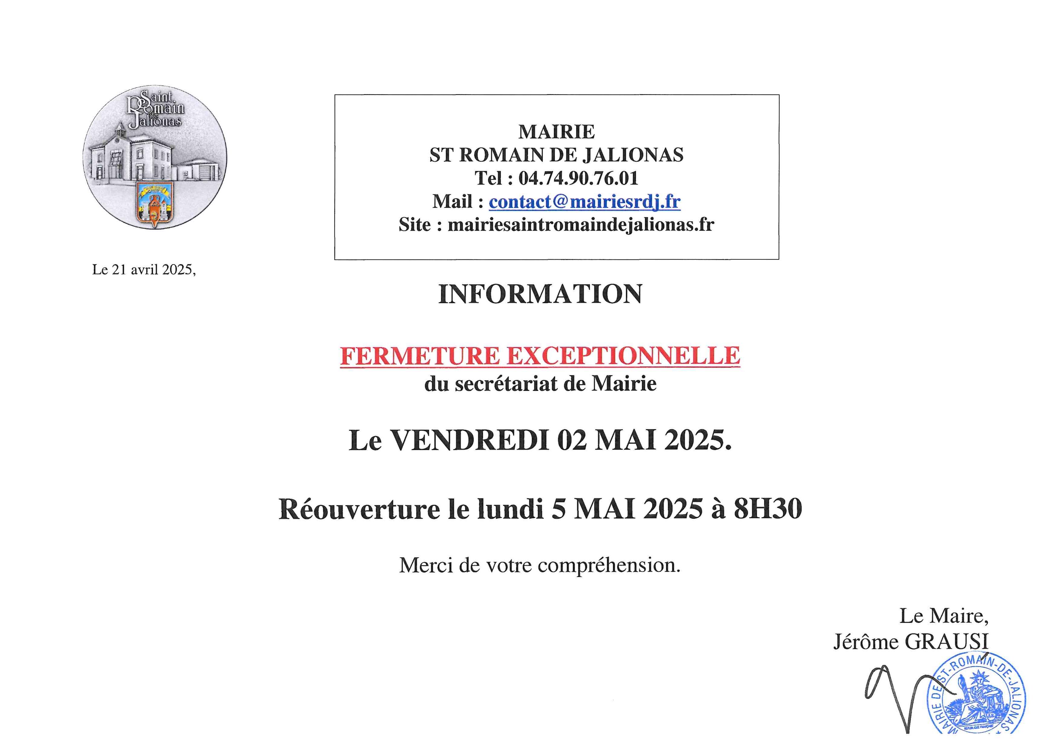 Image de couverture - FERMETURE EXCEPTIONNELLE MAIRIE