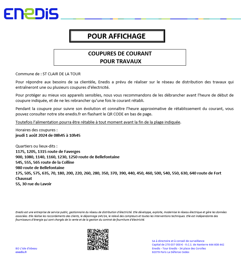 Image de couverture - ENEDIS - COUPURES DE COURANT du 01/08/2024