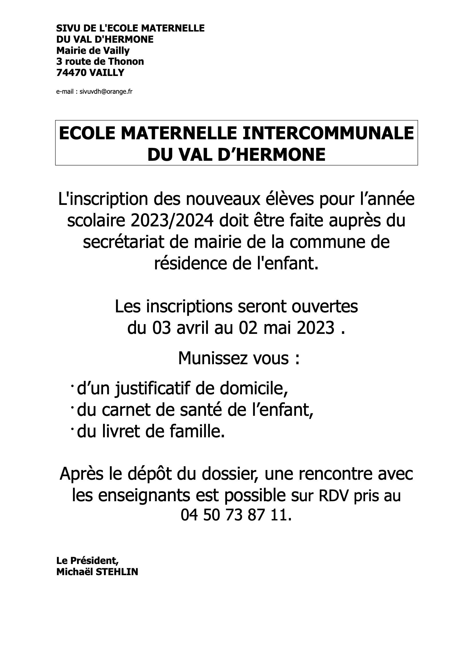 Image de couverture - Inscriptions à l'école maternelle intercommunale du Val d'Hermone