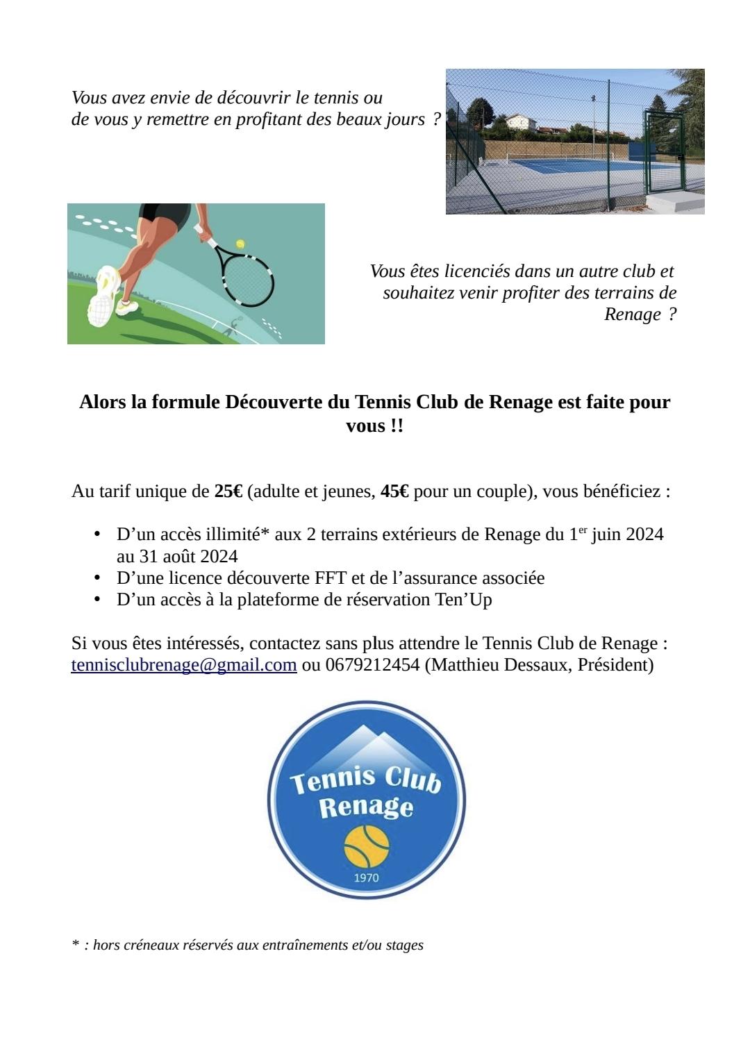 Image de couverture - [FORMULE ADHÉSION SPECIAL ÉTÉ 2024 - TENNIS CLUB DE RENAGE]