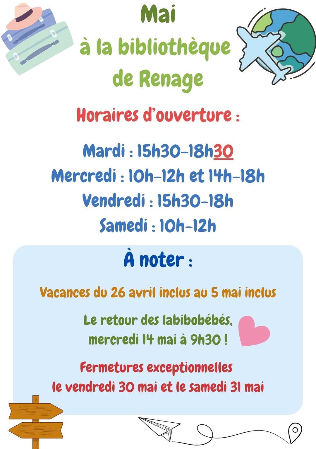 Image de couverture - HORAIRES OUVERTURE DE LA BIBLIOTHÈQUE - MOIS DE MAI