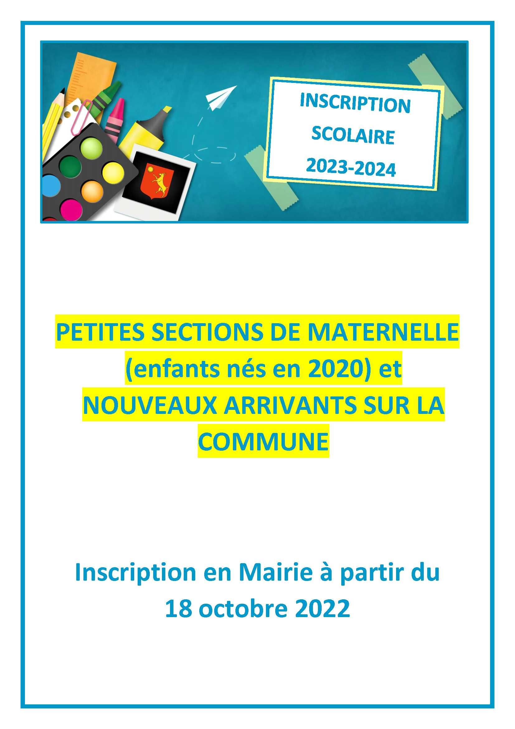 Image de couverture - RENTREE SCOLAIRE 2023-2024: PETITES SECTIONS DE MATERNELLE (enfants nés en 2020) et NOUVEAUX ARRIVANTS SUR LA COMMUNE